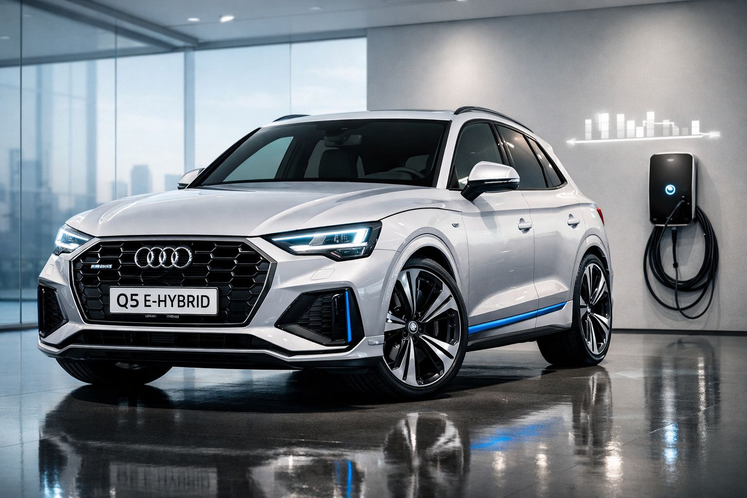 Audi Q5 E-Hybrid branco estacionado numa garagem moderna, ligado a um carregador elétrico na parede.