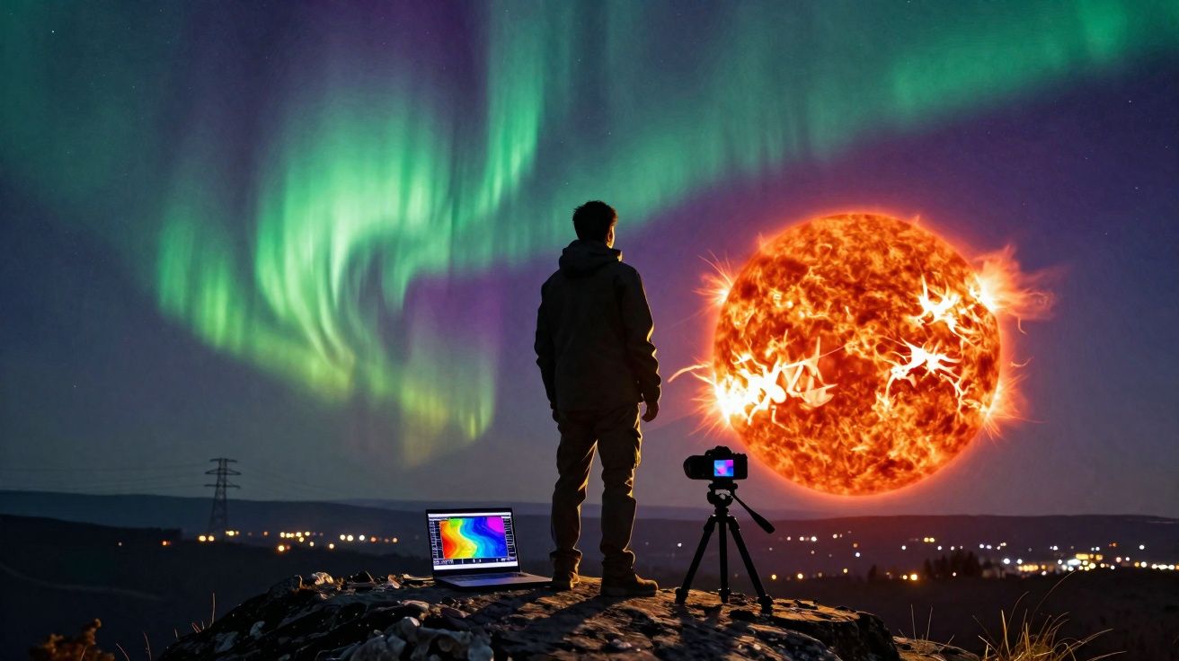 Pessoa observa aurora boreal e imagem digital do sol com laptop e câmara em tripé num monte à noite.