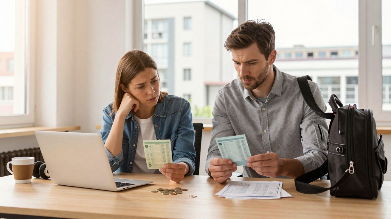 Casal sentado à mesa preocupa-se ao analisar documentos e contas com portátil e moedas à frente.
