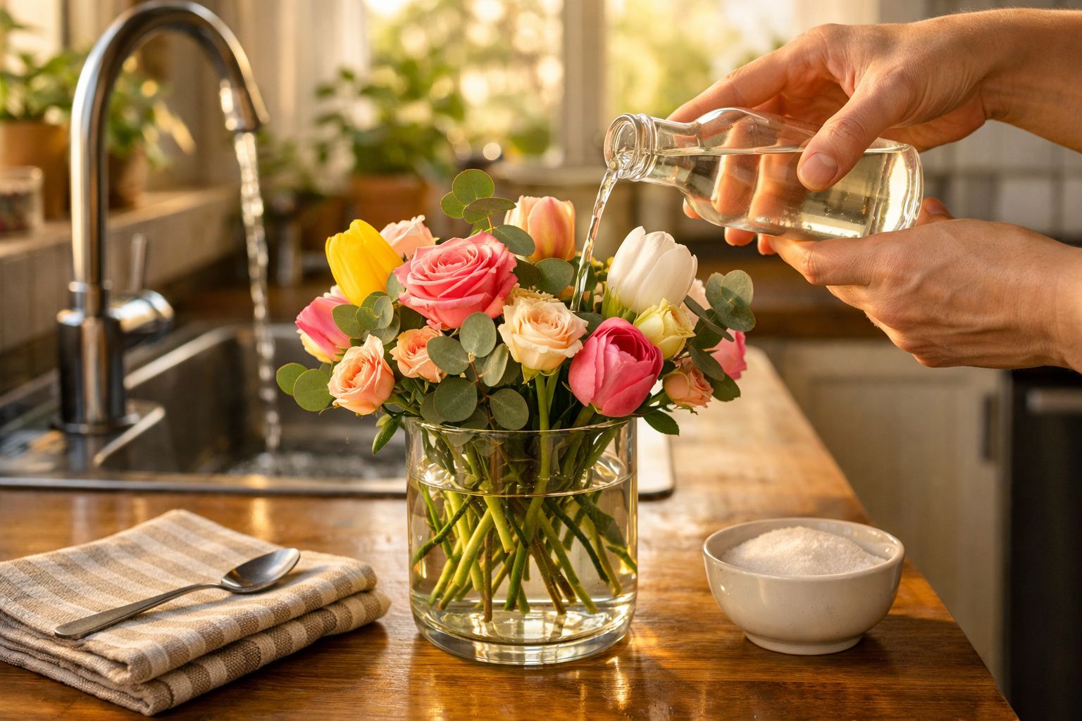 Mãos a colocar água numa jarra com flores coloridas numa cozinha com bancada de madeira e tigela com açúcar.