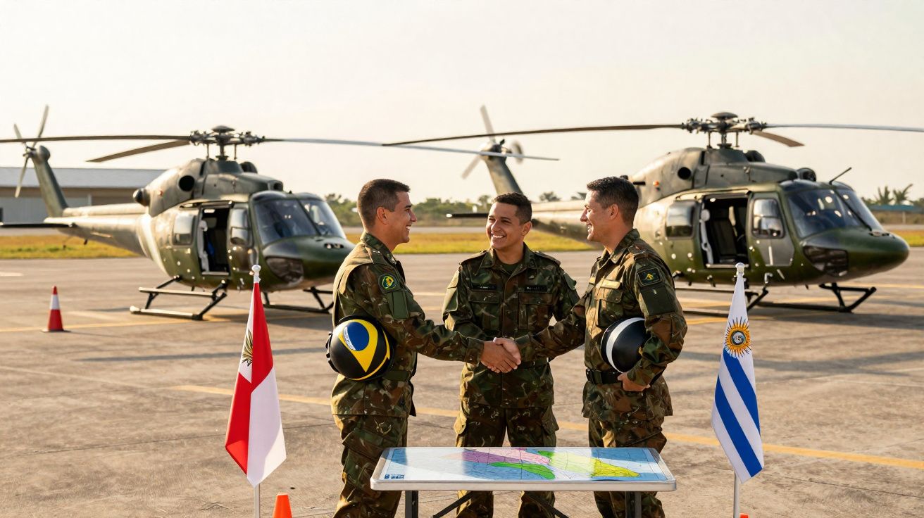 Três militares em uniforme cumprimentam-se perto de helicópteros militares num aeroporto, com mapas e bandeiras.