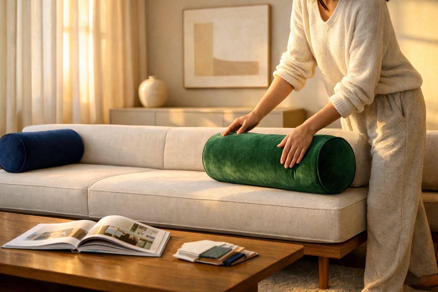 Pessoa ajusta almofada verde num sofá bege com outra almofada azul e revista numa mesa de madeira.