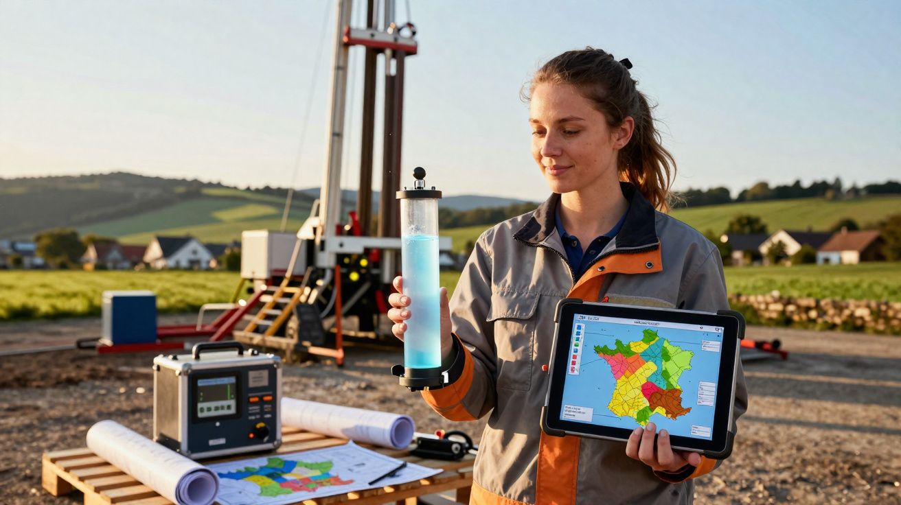 Mulher em campo rural segura cilindro com líquido azul e tablet com mapa colorido de França.