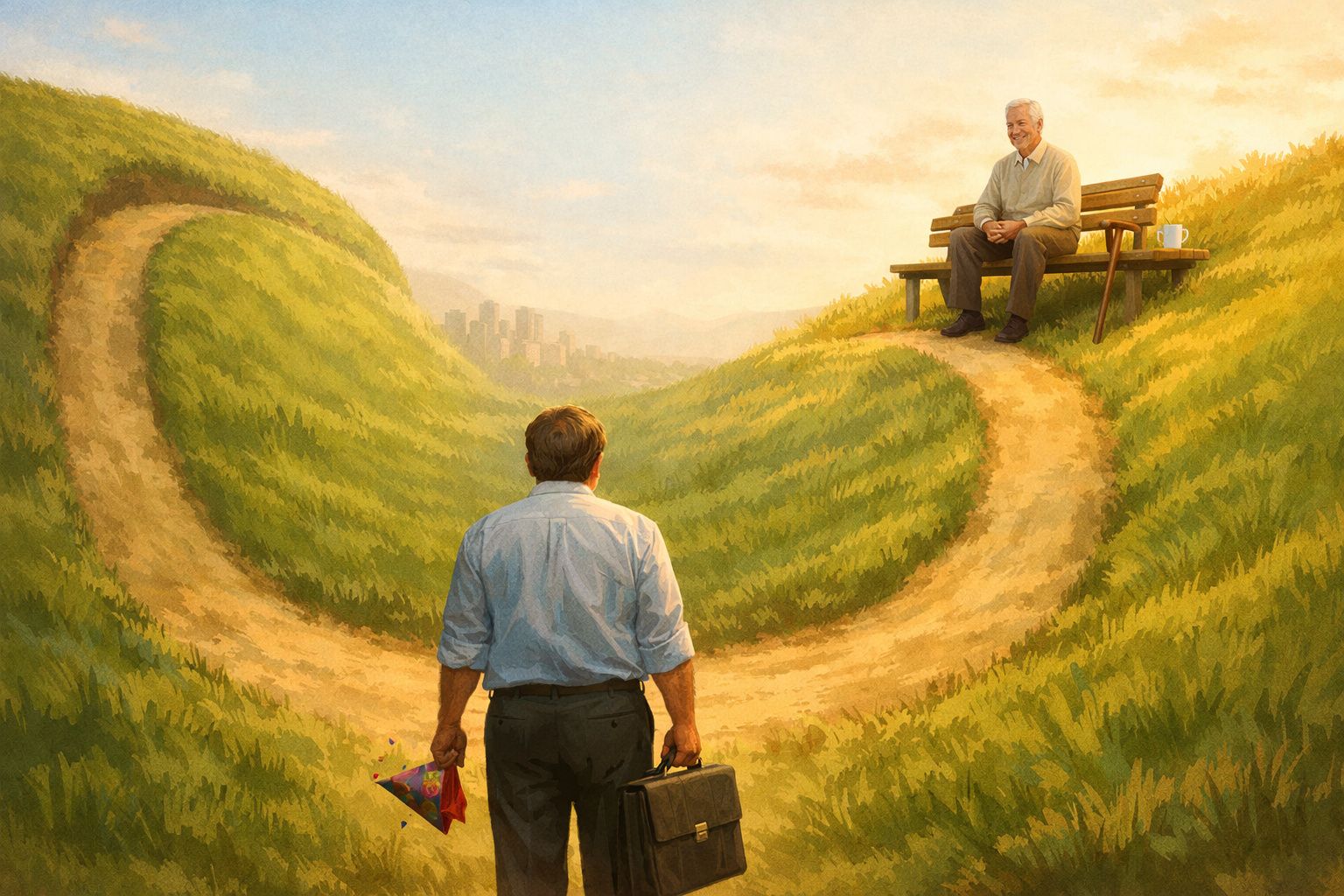 Homem de costas observa caminho bifurcado com idoso sentado num banco, símbolo de escolhas na vida.