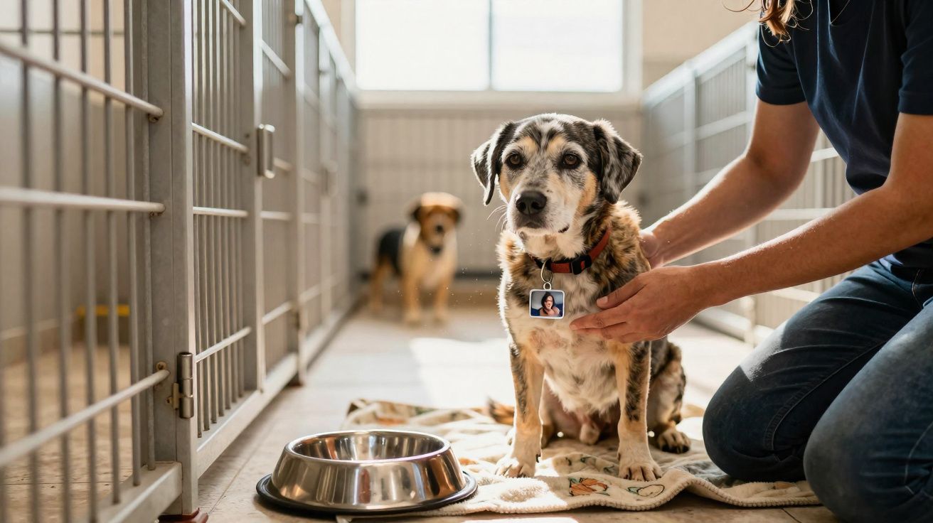 Cão sentado numa manta dentro de um canil com um dono a acariciá-lo e um prato metálico vazio ao lado.