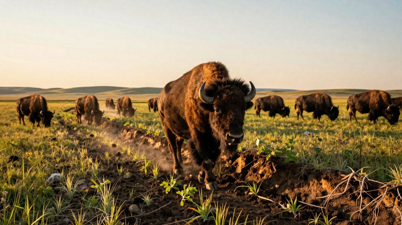 Manada de bisontes a caminhar numa vasta planície sob luz dourada ao pôr do sol.