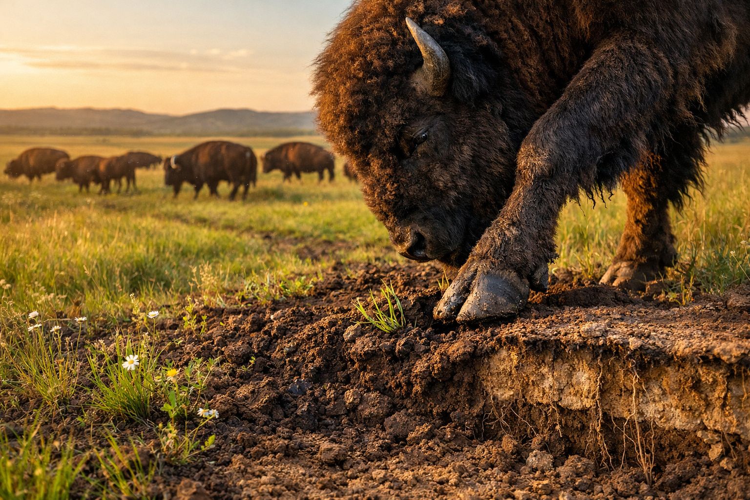 Bisão a escavar no solo com foco em primeiro plano e manada ao fundo numa planície ao pôr do sol.