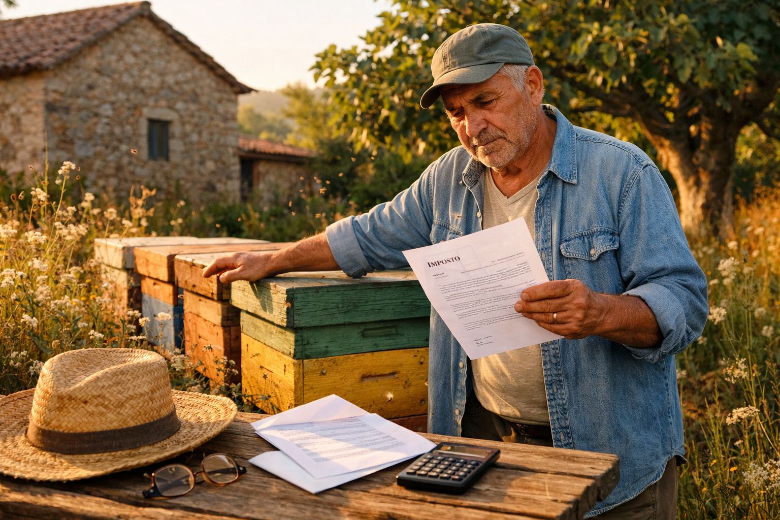 Homem idoso com fato de ganga lê carta na mão junto a colmeias numa quinta ao entardecer.