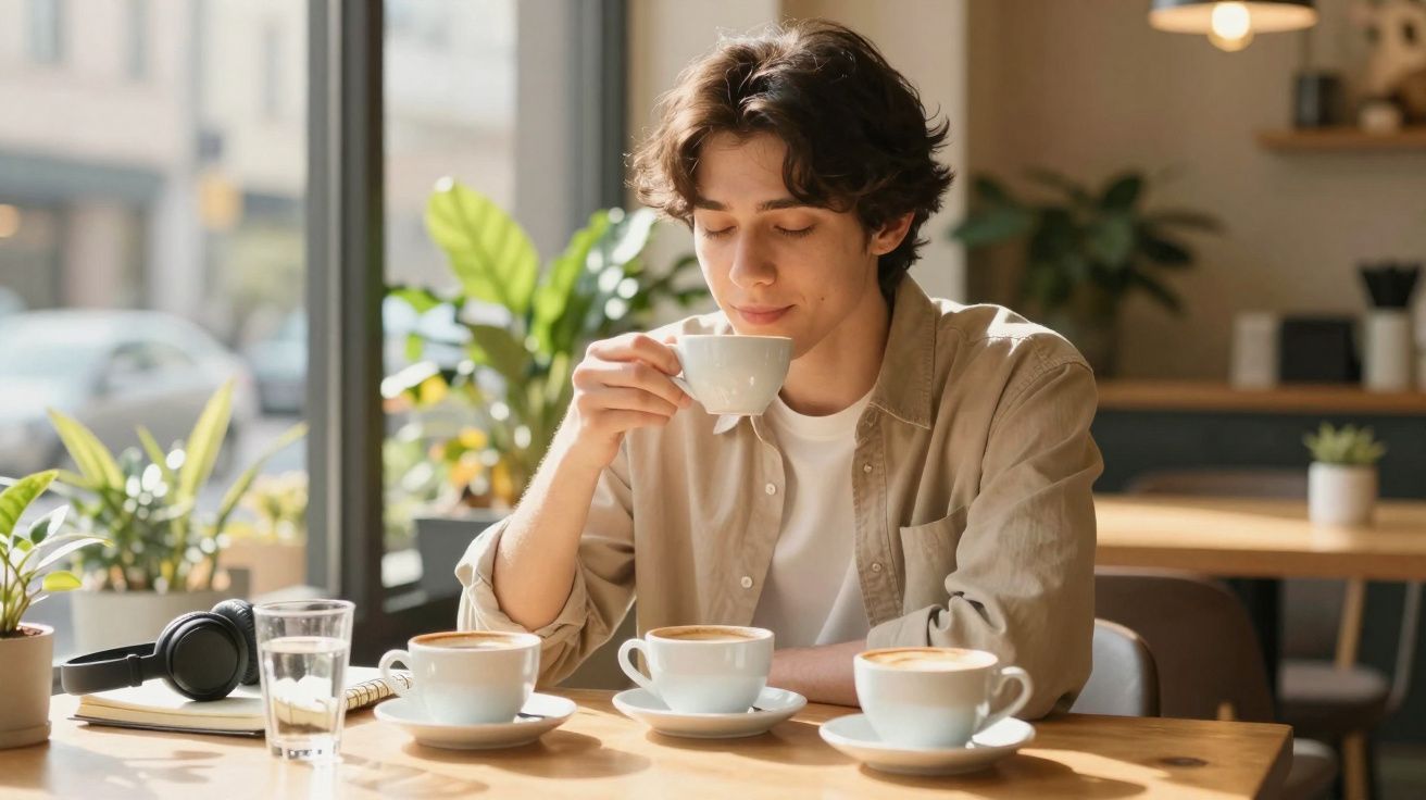 Jovem a provar café numa mesa com três chávenas de café num café iluminado por luz natural.
