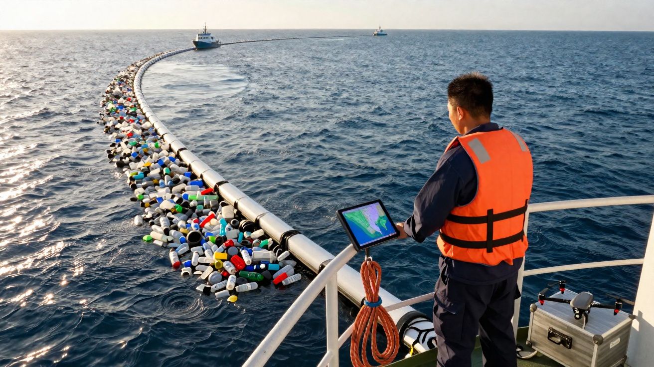 Homem com colete salva-vidas monitora barreira flutuante que recolhe lixo plástico no oceano.