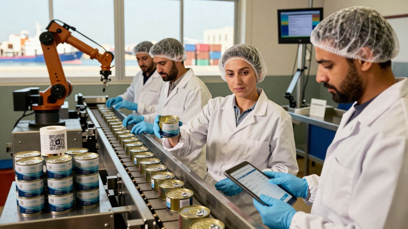 Funcionários com bata e touca inspecionam latas numa linha de produção automatizada numa fábrica.