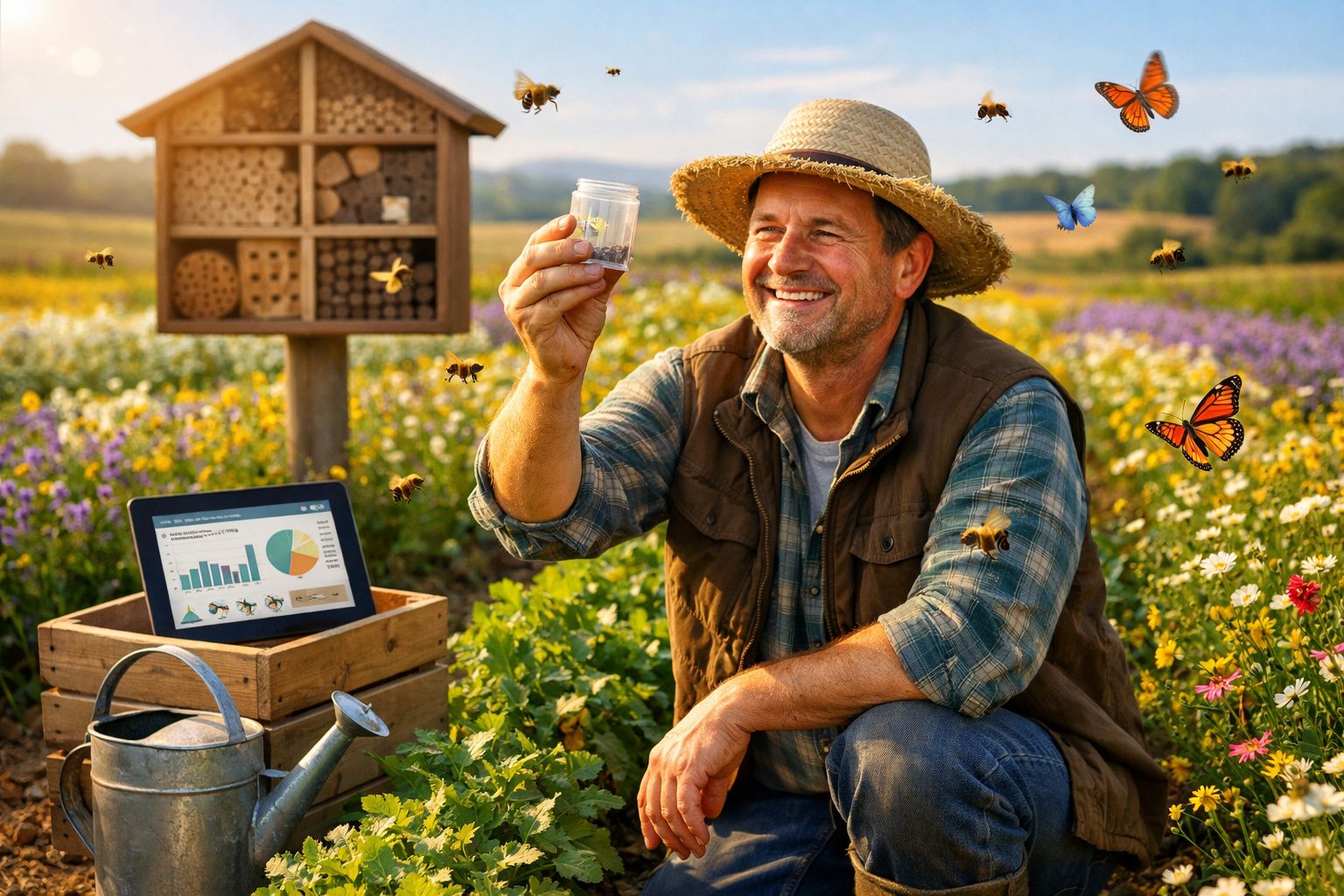 Agricultor sorridente numa floricultura com abelhas, borboletas, regador e gráficos num tablet.