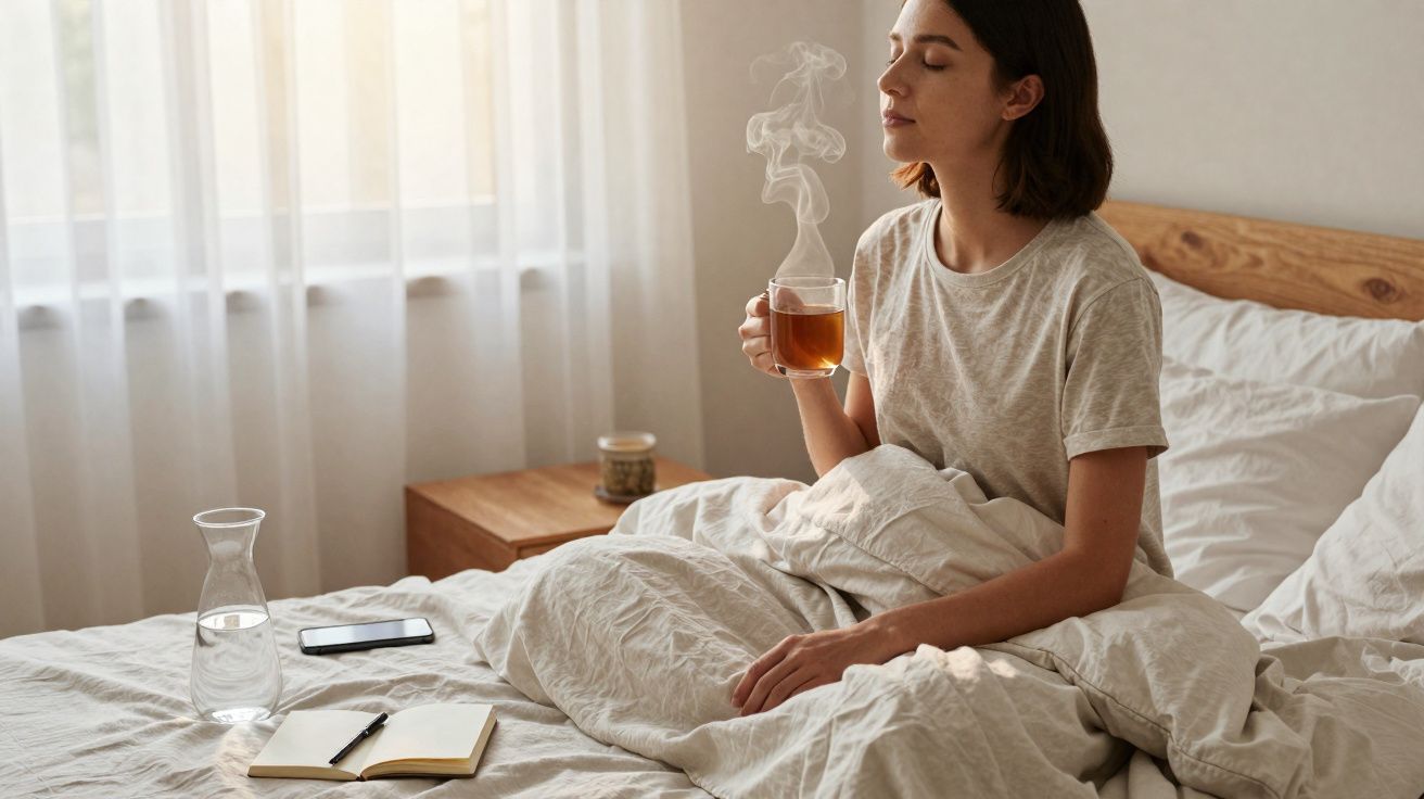 Mulher sentada na cama a beber chá quente, rodeada por cama arrumada, caderno e jarra de água.