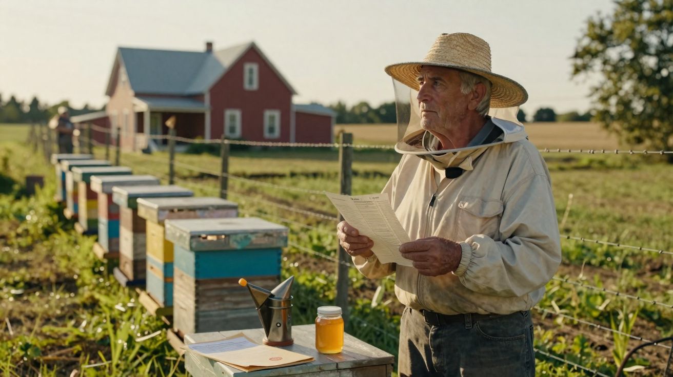 Apicultor em campo com roupa protetora, segurando um papel, perto de colmeias e pote de mel.