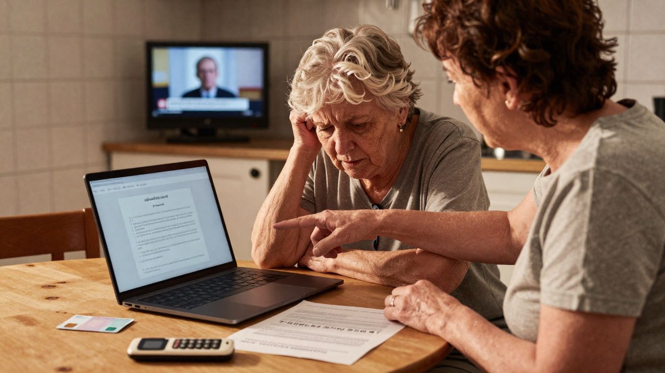 Duas mulheres idosas sentadas à mesa olhando para documentos e um computador portátil com expressão preocupada.