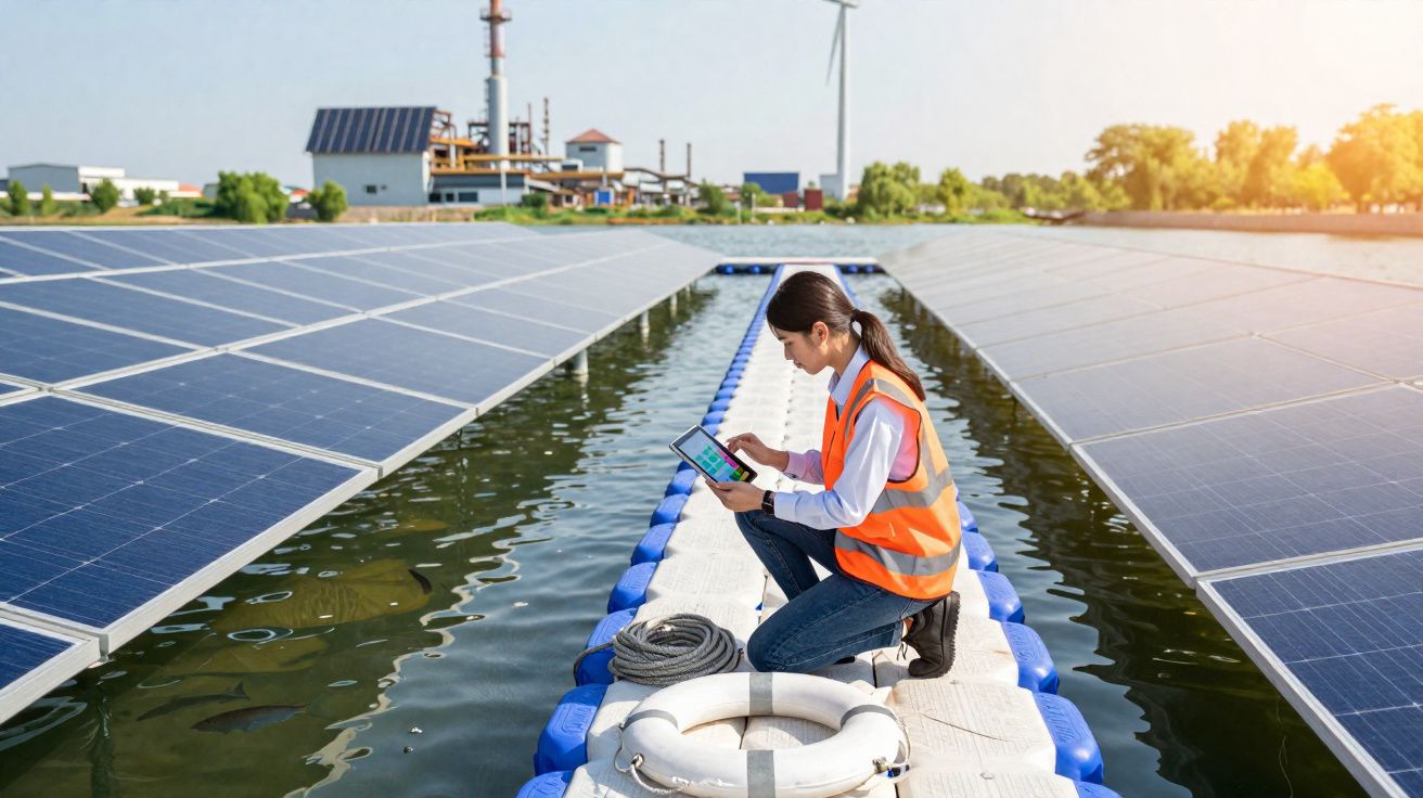 Mulher de colete refletor laranja usando tablet junto a painéis solares flutuantes numa área industrial.