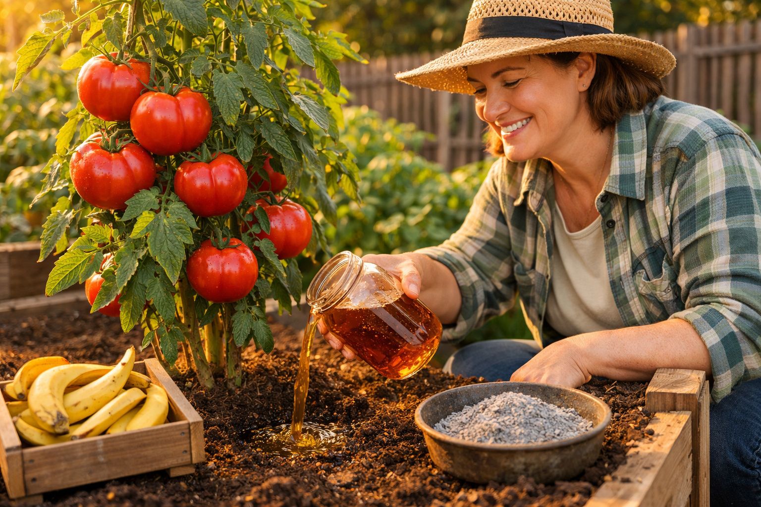 Mulher a regar planta de tomates num horto, com bananas numa caixa ao lado e um chapéu de palha.