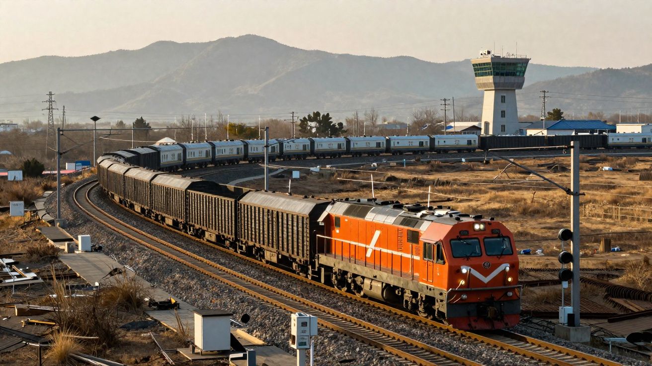 Comboio de mercadorias laranja a curvar-se numa linha férrea com montanhas e torre de controlo ao fundo.
