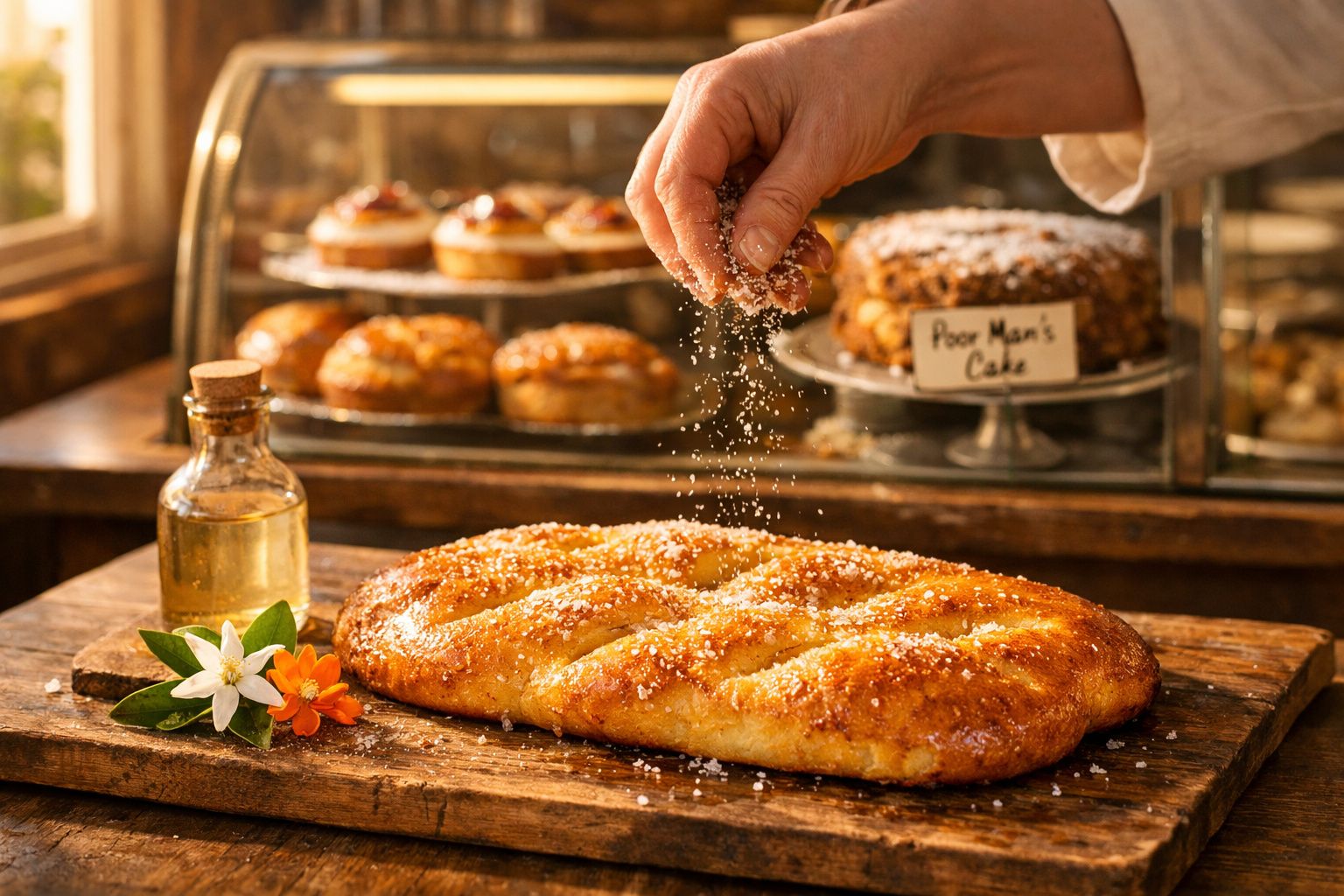 Mão polvilhando açúcar em pão doce tradicional sobre tábua de madeira junto a flores e garrafa pequena.
