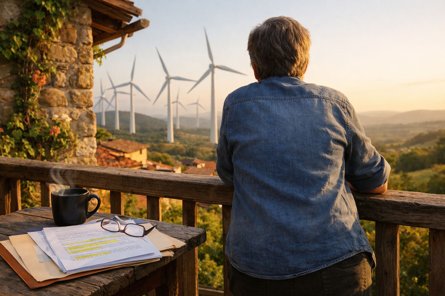 Pessoa de costas observa turbinas eólicas ao pôr do sol numa varanda com documentos e café na mesa.