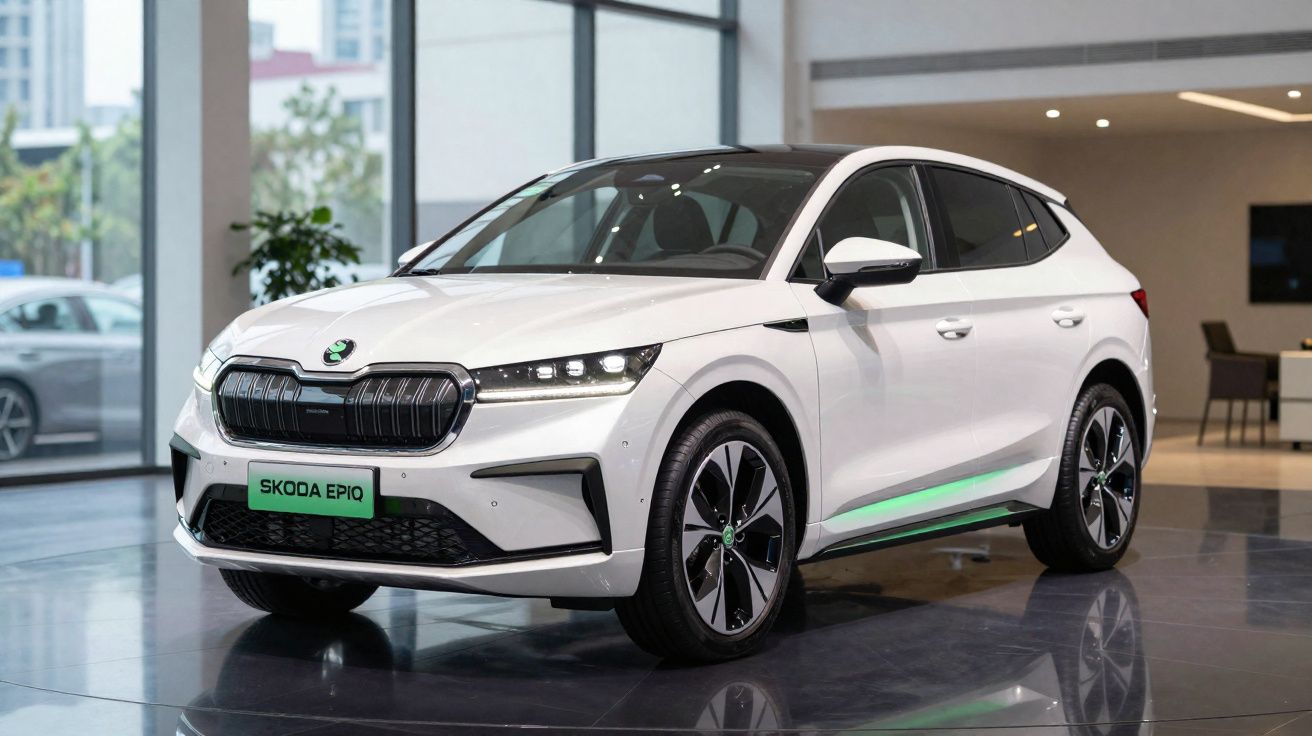 Carro elétrico branco Skoda Enyaq iV exposto em showroom moderno com chão espelhado.