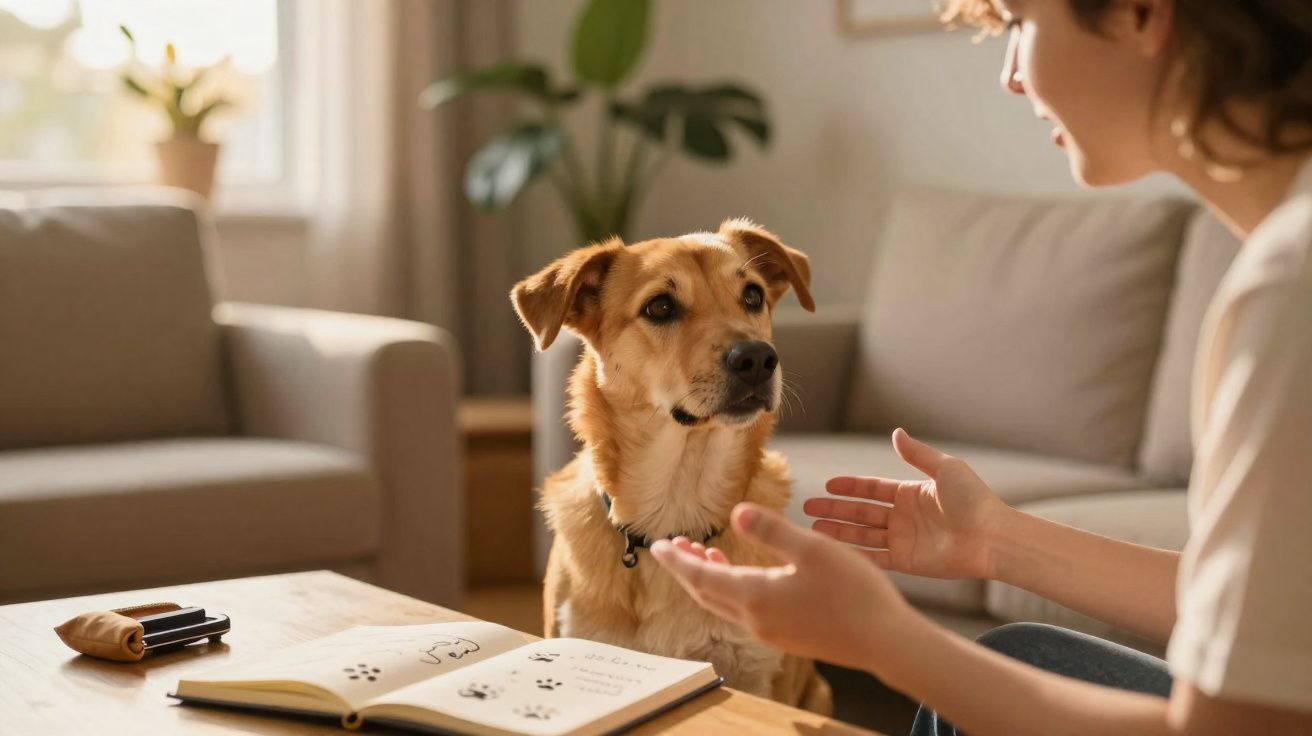 Pessoa a treinar um cão castanho com livro aberto com pegadas de patas numa sala de estar acolhedora.