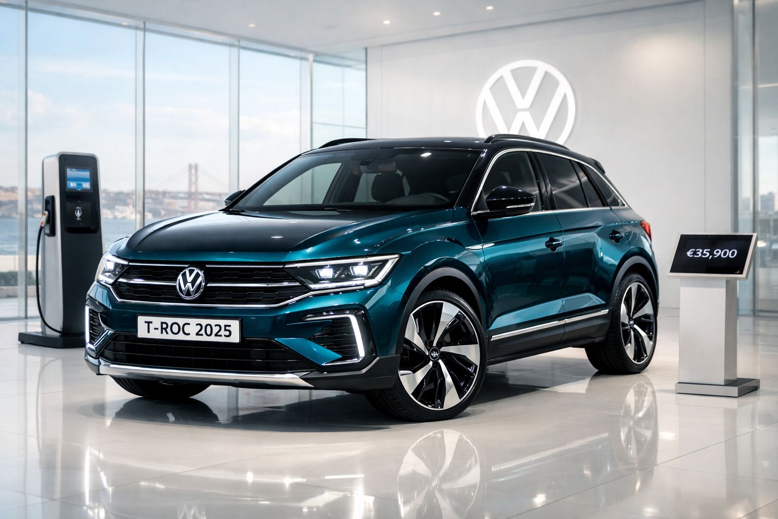 Volkswagen T-Roc 2025 azul escuro em exposição numa garagem com estação de carregamento elétrico.