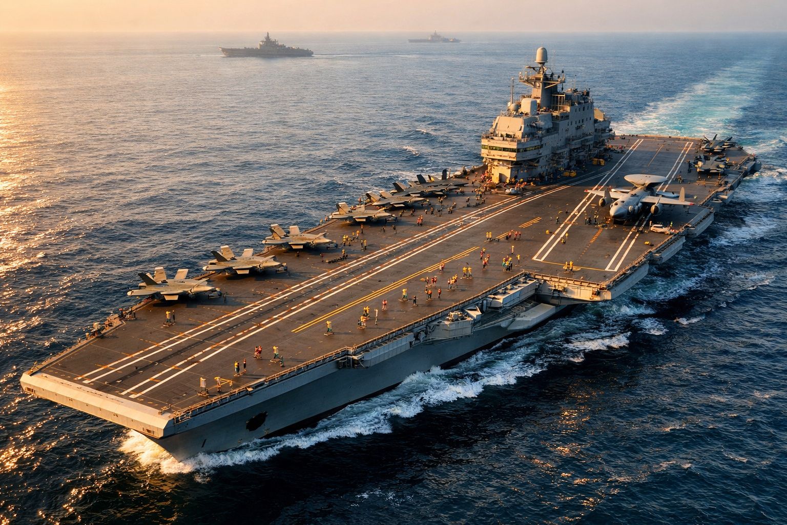 Porta-aviões com vários aviões de combate no convés navegando ao pôr do sol no oceano.