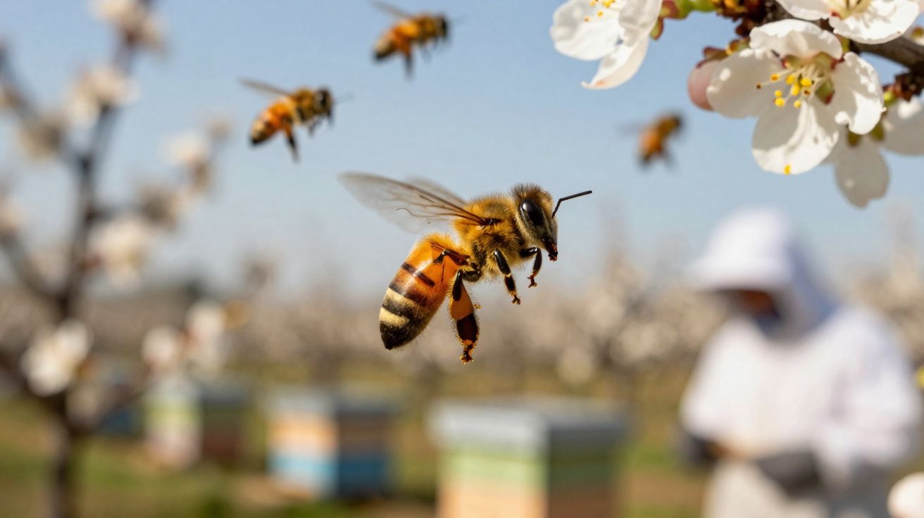 Abelha a voar perto de flor branca com apicultor desfocado e colmeias ao fundo.