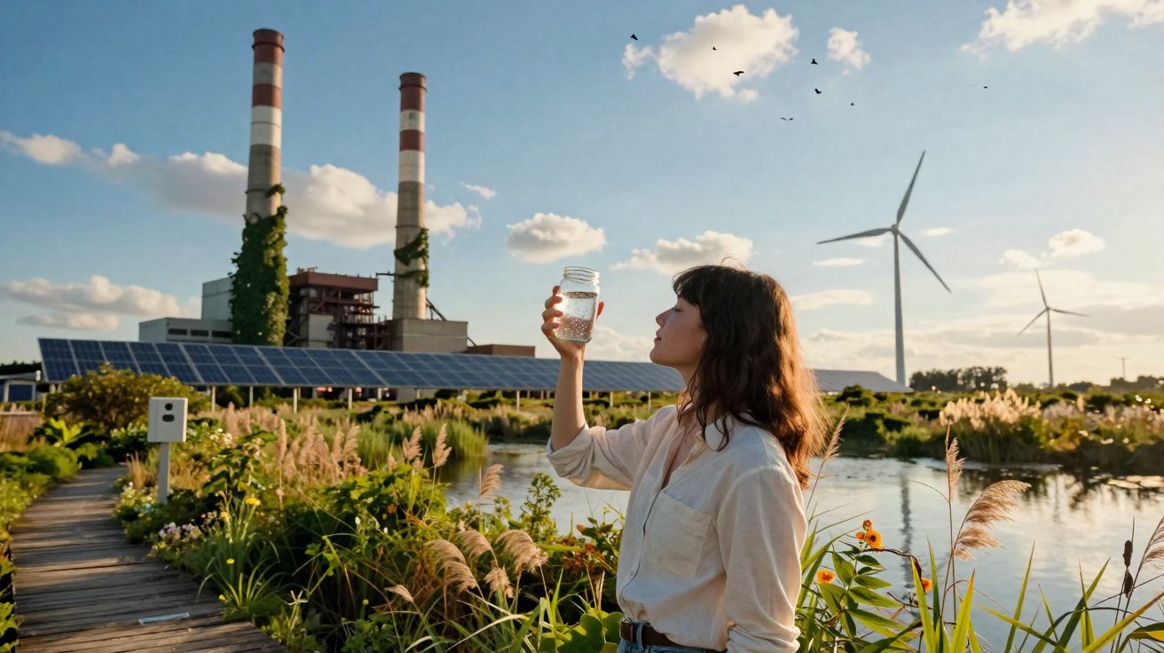 Mulher segurando copo de água junto a painéis solares, turbinas eólicas e chaminés industriais ao fundo.