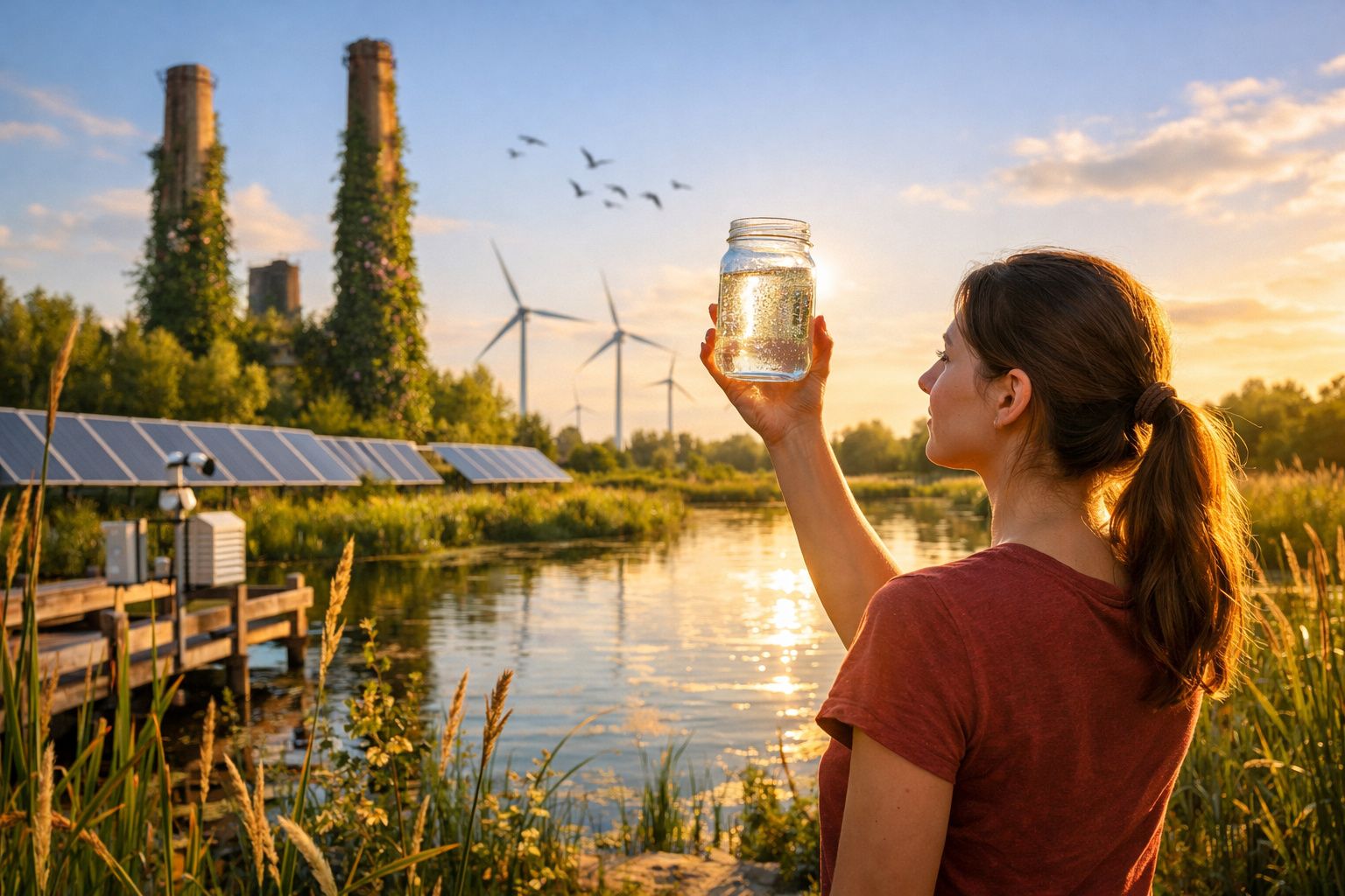 Mulher segura frasco com água junto a lago com painéis solares e turbinas eólicas ao pôr do sol.