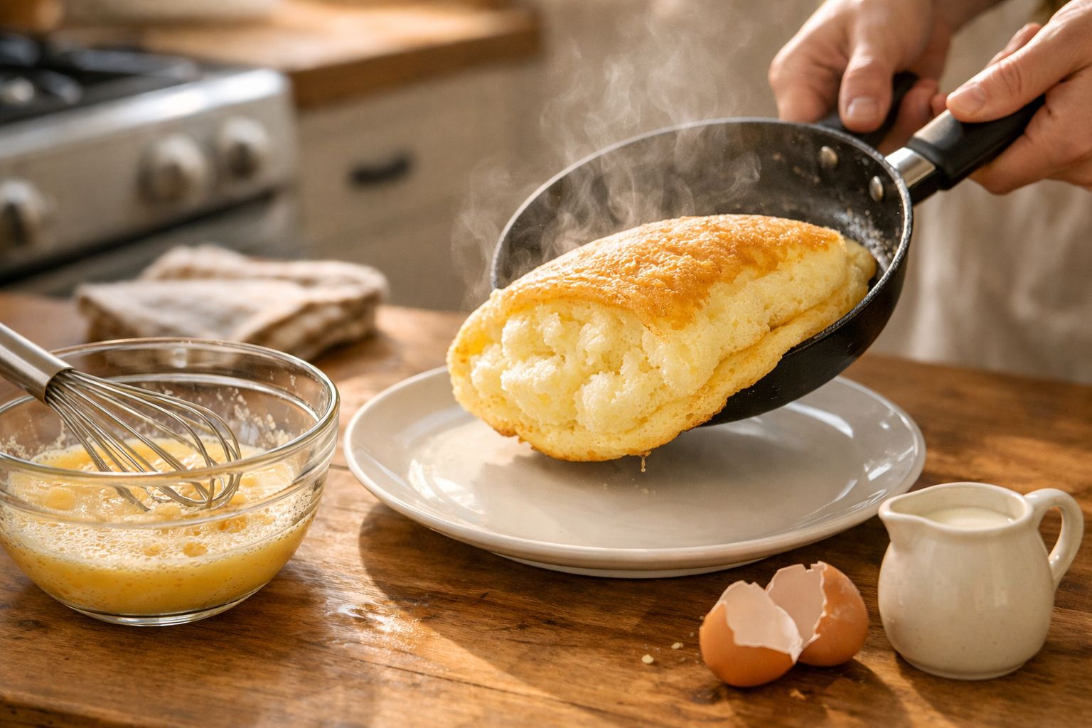 Omelete fofo a ser colocado de frigideira para prato, com taça de ovos batidos e cascas de ovo na mesa.
