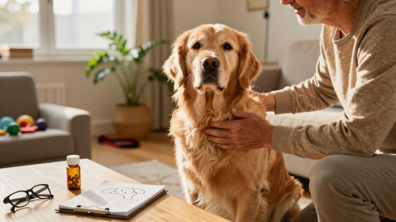 Homem idoso a confortar um cão Golden Retriever dentro de uma sala de estar acolhedora.