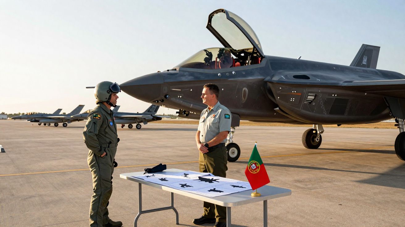 Dois militares portugueses em conversa junto a avião F-35 e mesa com bandeira de Portugal e desenhos de aviões.