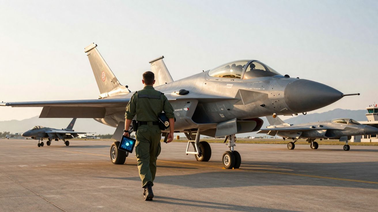 Militar a caminhar em direção a caça militar estacionado numa pista de descolagem ao pôr do sol.