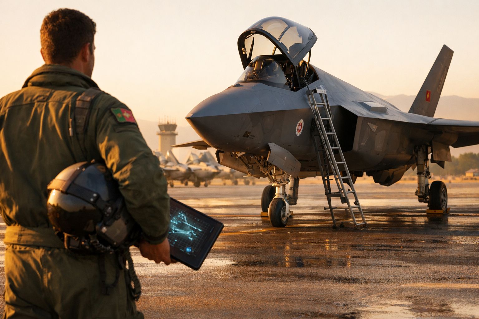 Piloto militar com fato verde e capacete na mão observa caça furtivo estacionado num aeródromo ao pôr do sol.