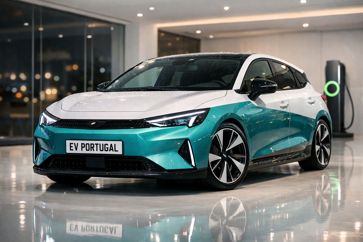 Carro elétrico moderno bicolor branco e verde em espaço interior com carregador ao fundo.