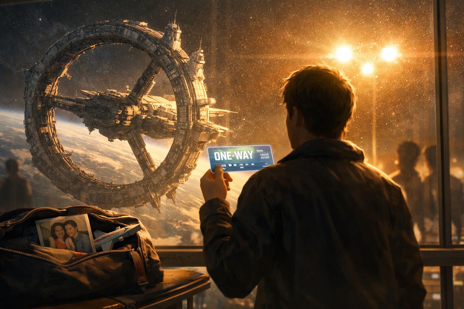 Jovem com bilhete de viagem espacial observa nave futurista através de janela, com fotografia familiar na mala perto.