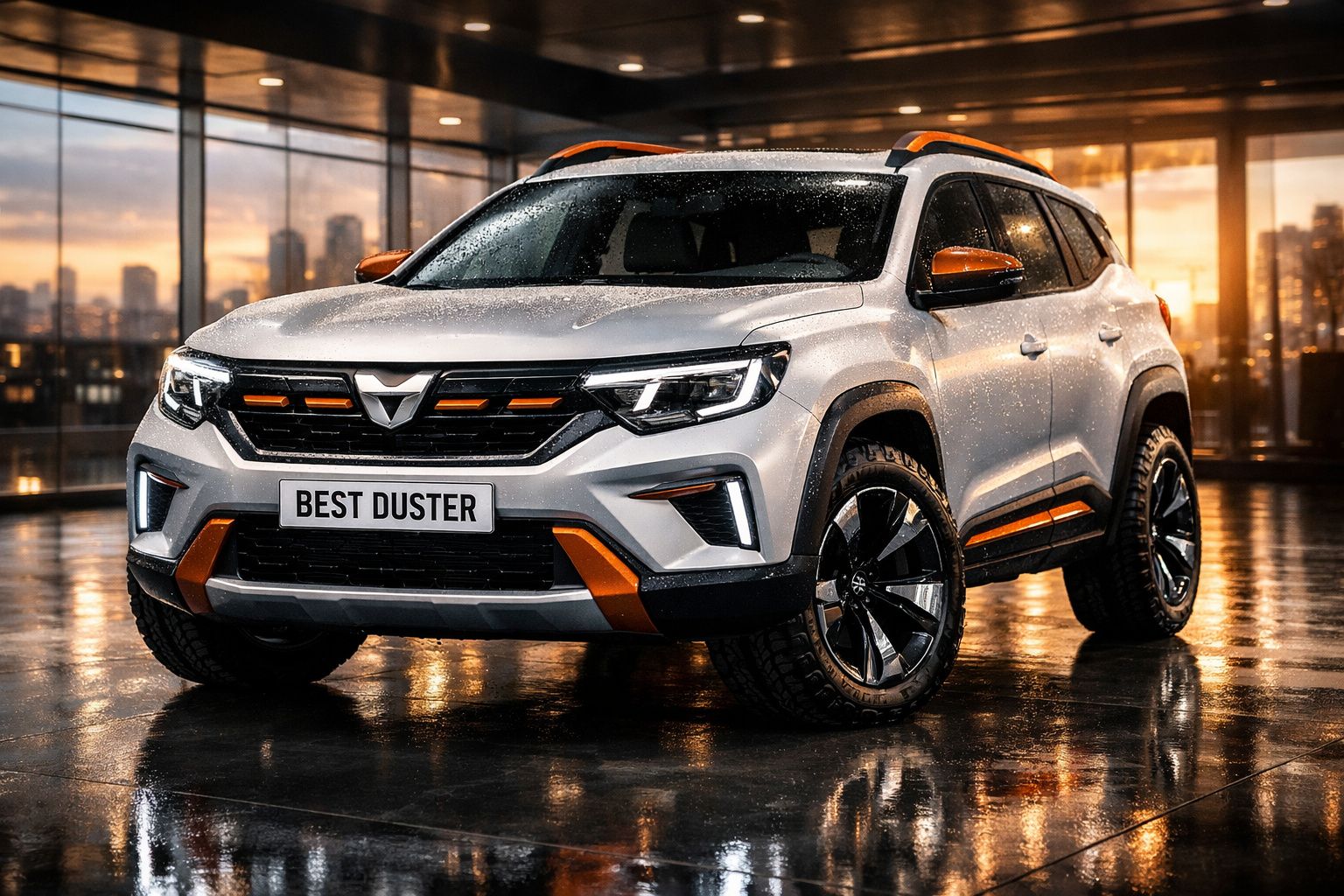 SUV Dacia Best Duster branco com detalhes laranja e gotas de água, em ambiente urbano iluminado ao entardecer.