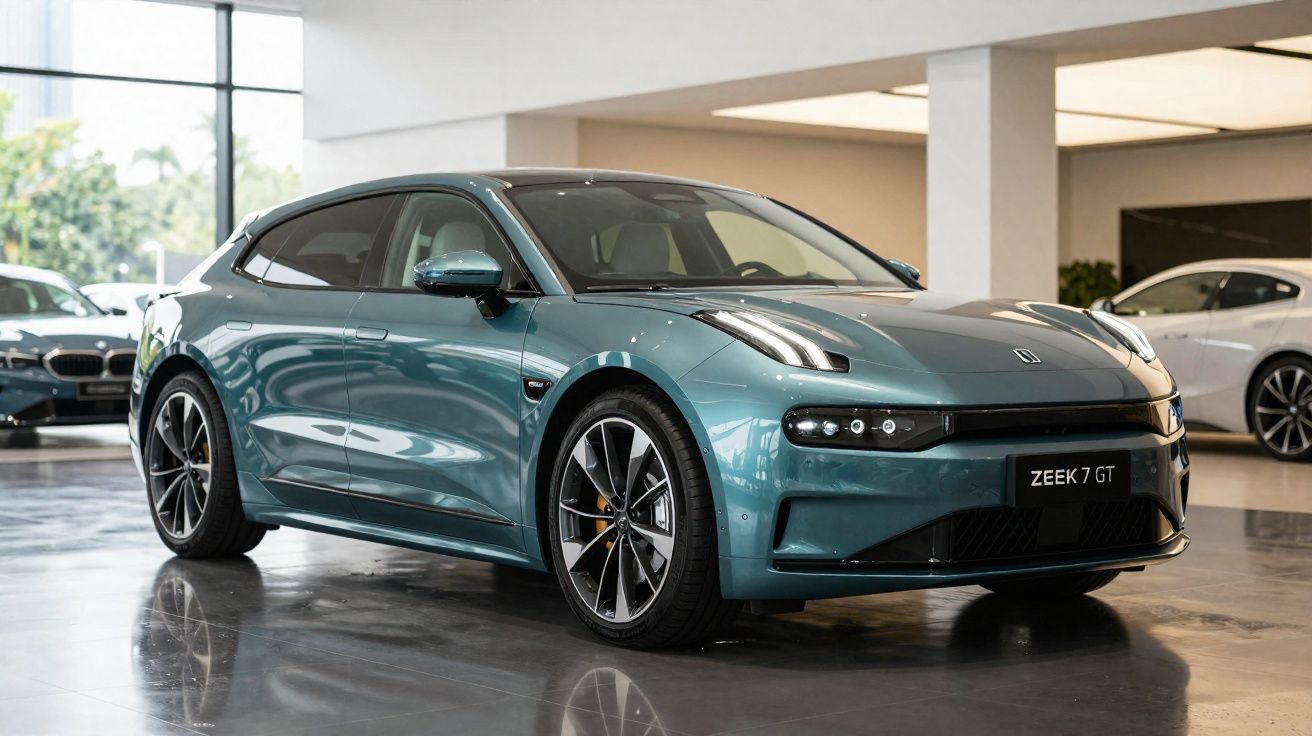 Carro elétrico Zeekr 7 GT azul metálico exibido numa sala de exposição moderna.