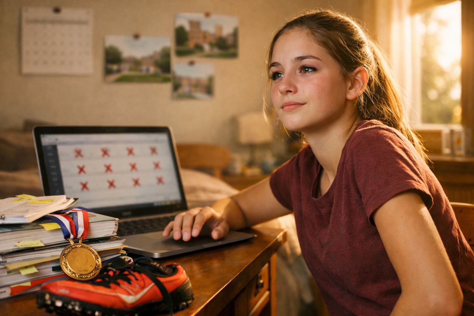 Jovem sentada a estudar com computador, medalha, ténis e pilha de livros numa secretária iluminada por luz natural.