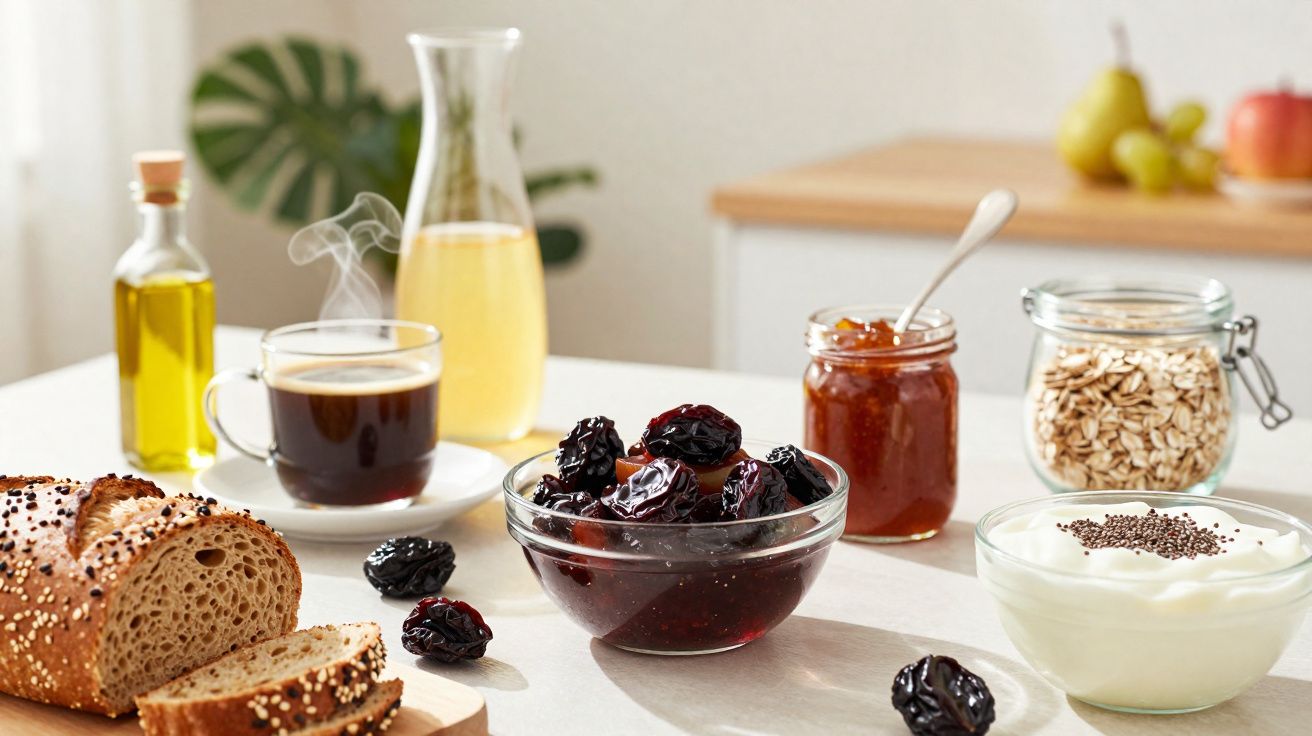Pequeno-almoço saudável com chá quente, pão, tâmaras, compota, iogurte com sementes e aveia num balcão de cozinha.