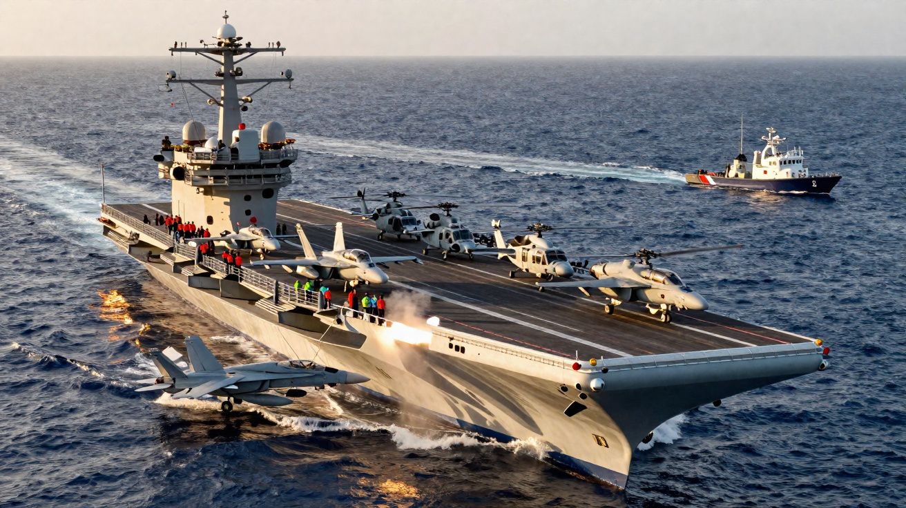 Porta-aviões militar com aviões e helicópteros na pista e mar calmo ao entardecer.