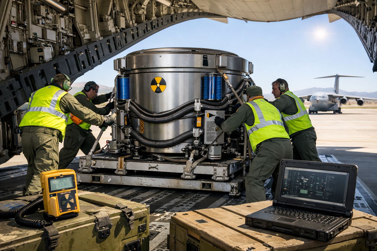 Quatro militares carregam equipamento com símbolo radioativo dentro de avião militar em pista aérea.