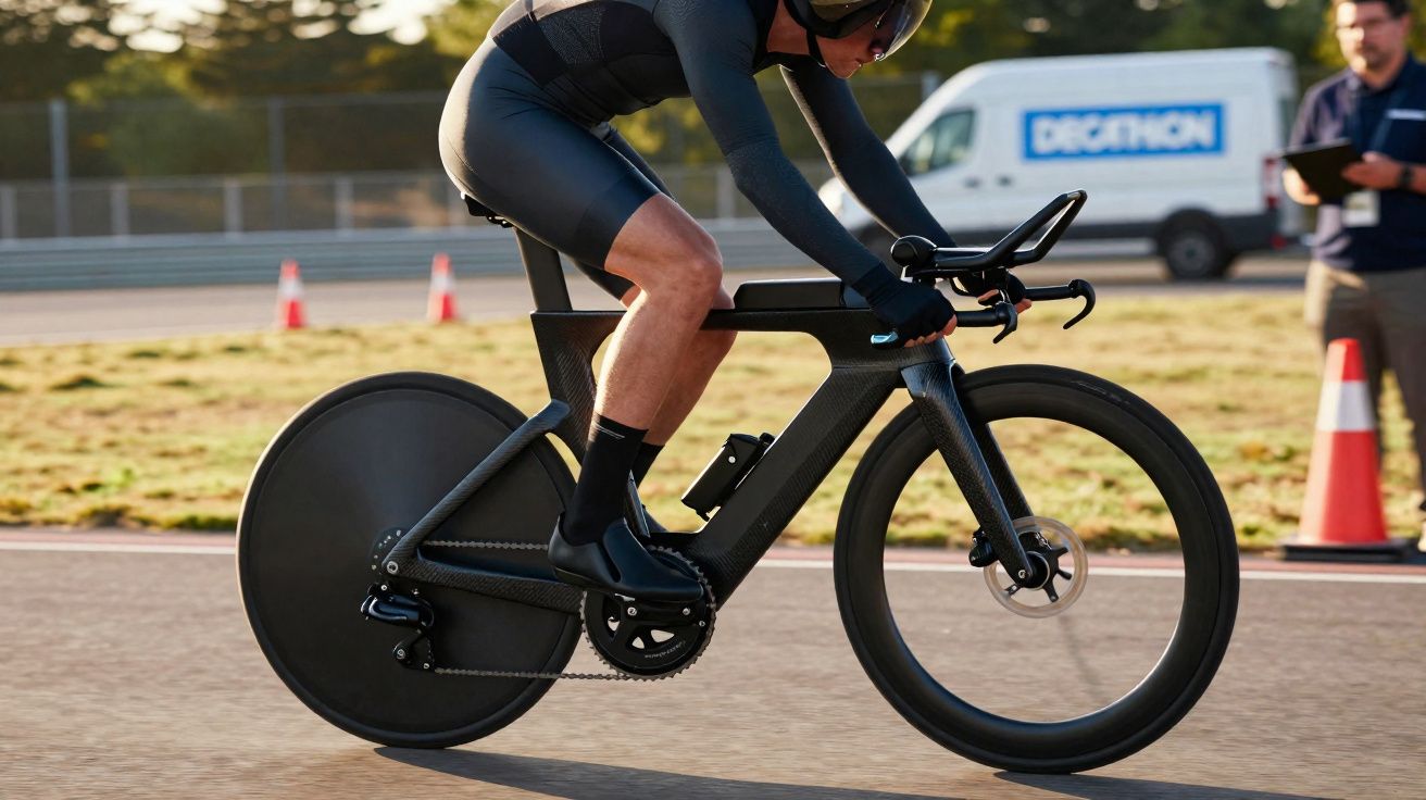 Ciclista em posição aerodinâmica numa bicicleta de estrada ultraleve a circular numa pista.