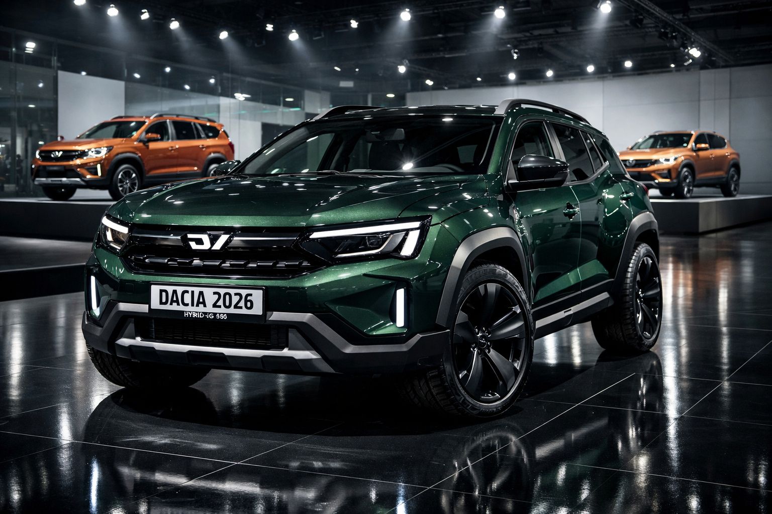 SUV Dacia 2026 híbrido verde exposto em showroom com reflexos no chão escuro e carros laranja ao fundo.