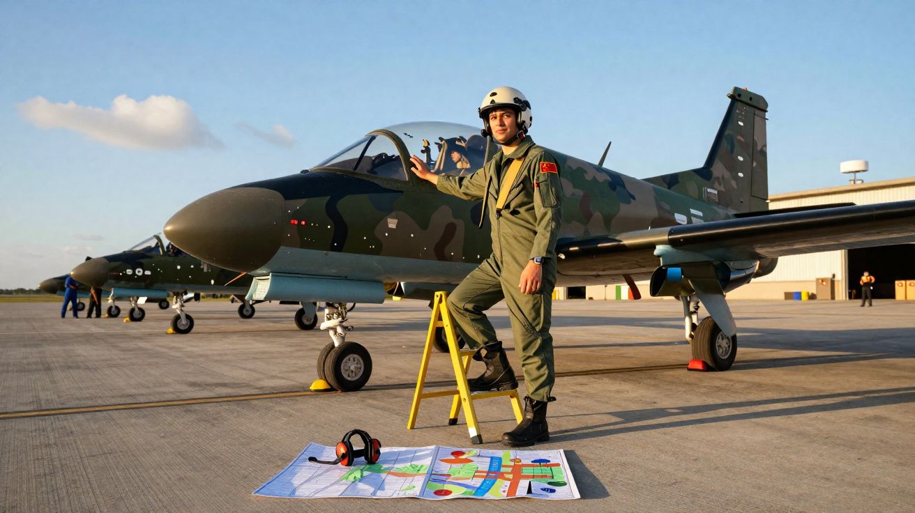 Piloto militar em fato de voo junto a avião camuflado na pista de um aeródromo ao pôr do sol.