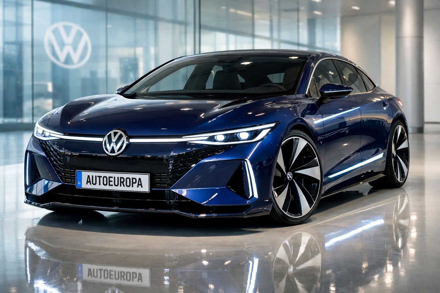 Carro elétrico Volkswagen azul escuro estacionado em showroom moderno com piso refletor.