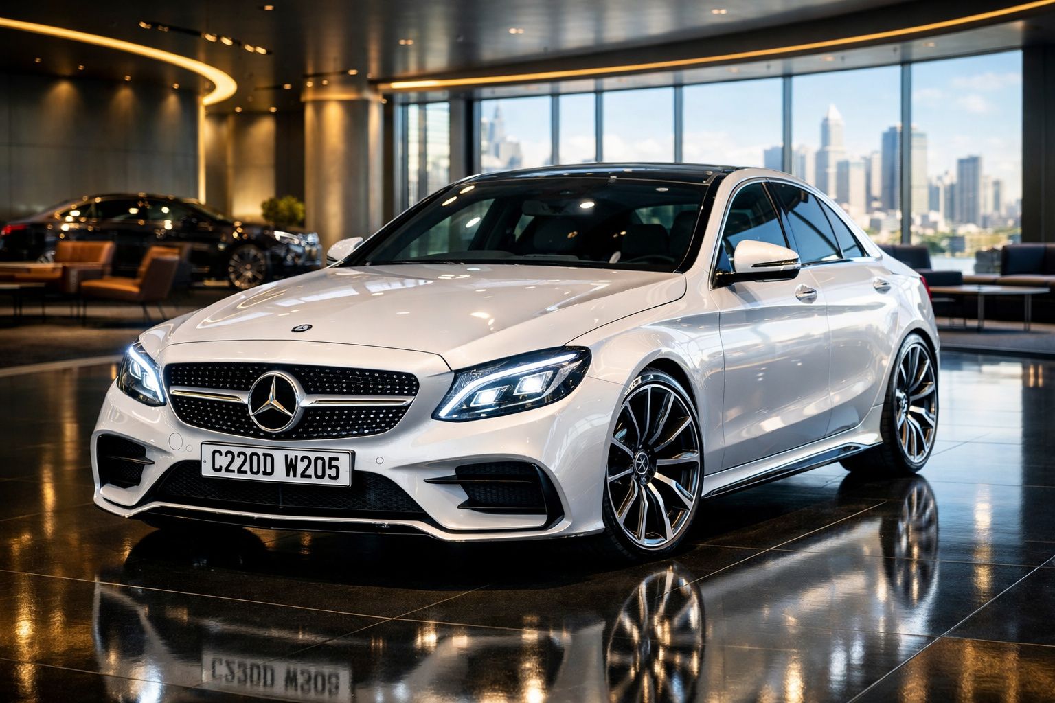 Carro Mercedes-Benz branco estacionado num showroom com janelas grandes e vista para a cidade.