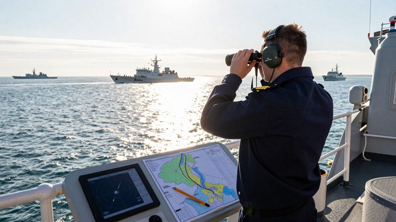 Marinheiro com binóculos observa vários navios militares no mar ao pôr do sol, junto a equipamentos de navegação.